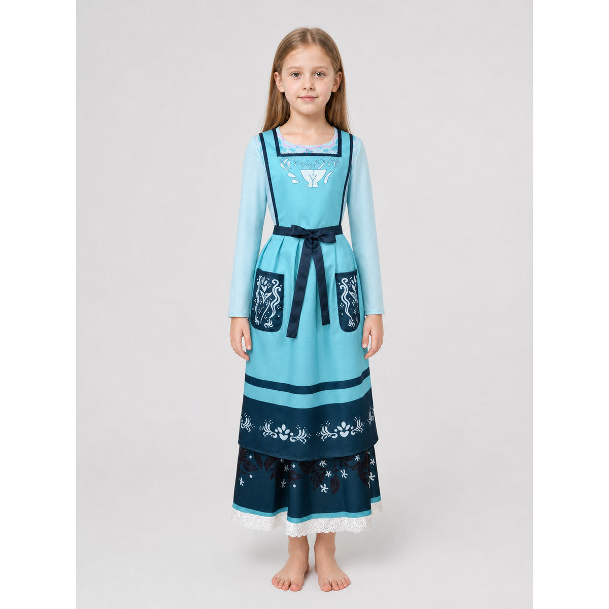 Blue cosplay dress with apron and long sleeves on-model view