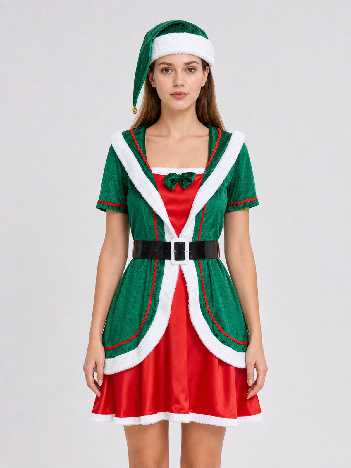Festive Elf Costume: Dress, Hat, and Belt front view