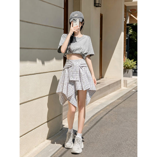 Women's set: cropped T-shirt and plaid skirt