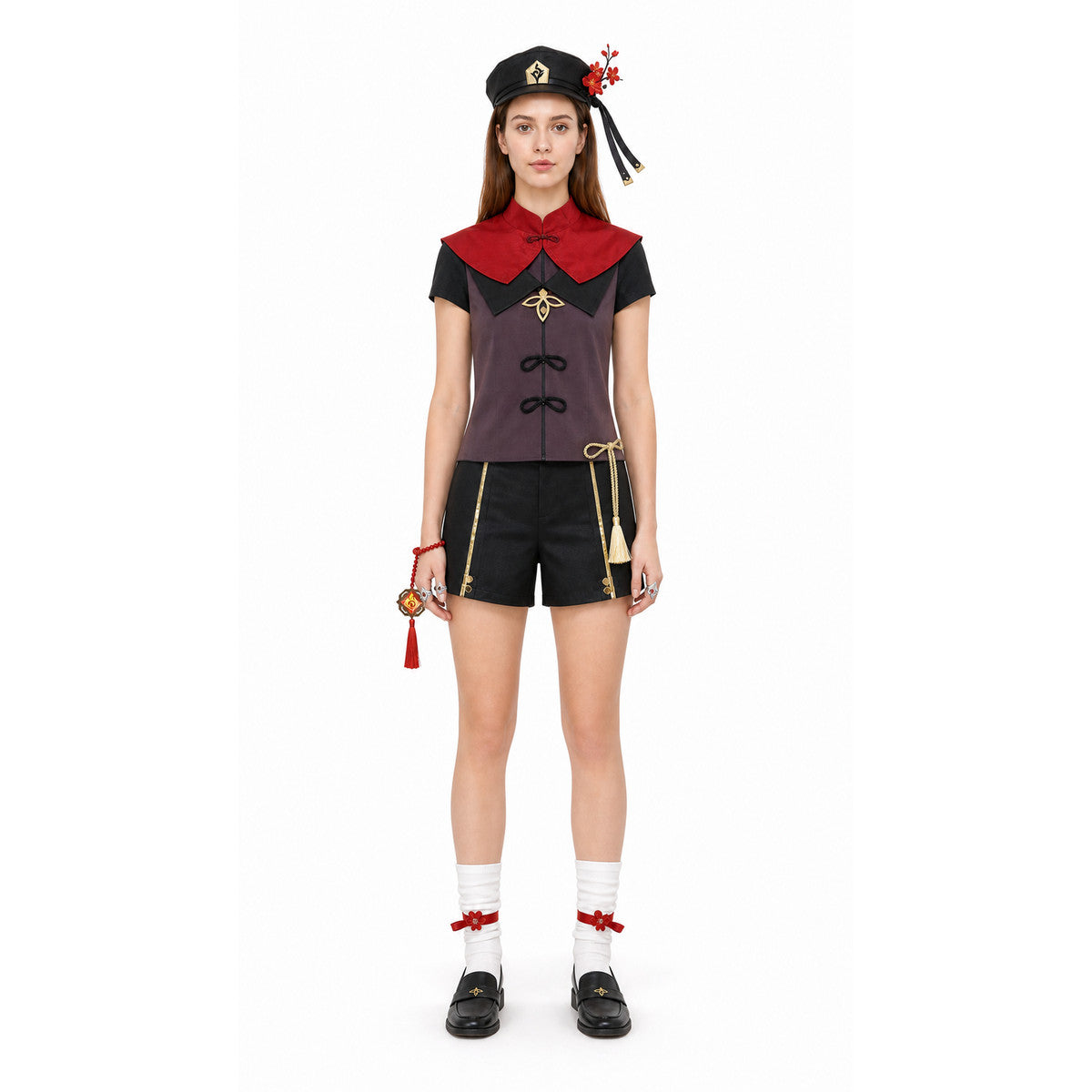 Hu Tao Cosplay Costume with Red Scarf and Gold Details main product view