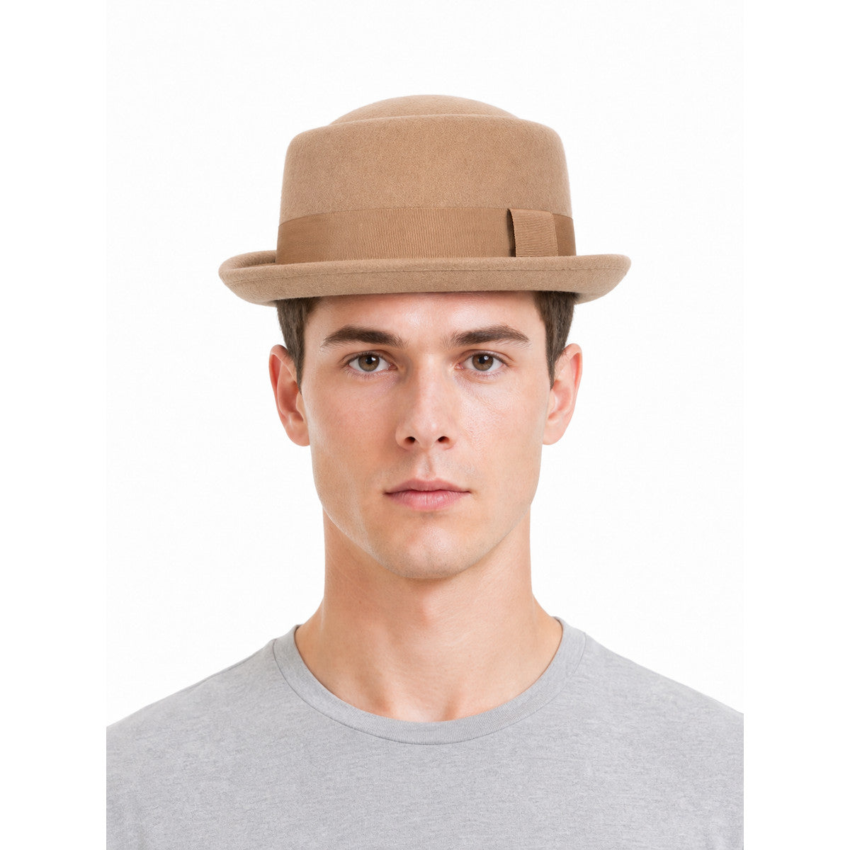 Caramel-colored fedora hat suitable for everyday outfits, outdoor walks, themed events, and costume styling. The design features a classic fedora silhouette: a structured crown with a rounded top, a distinctive front indentation, and a wide