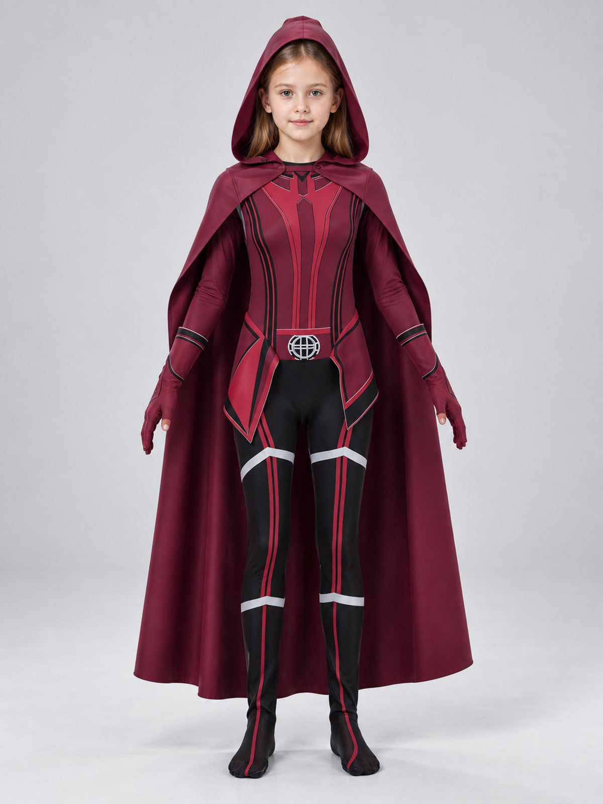 Scarlet Witch Cosplay Costume with Cape and Hood on-model view