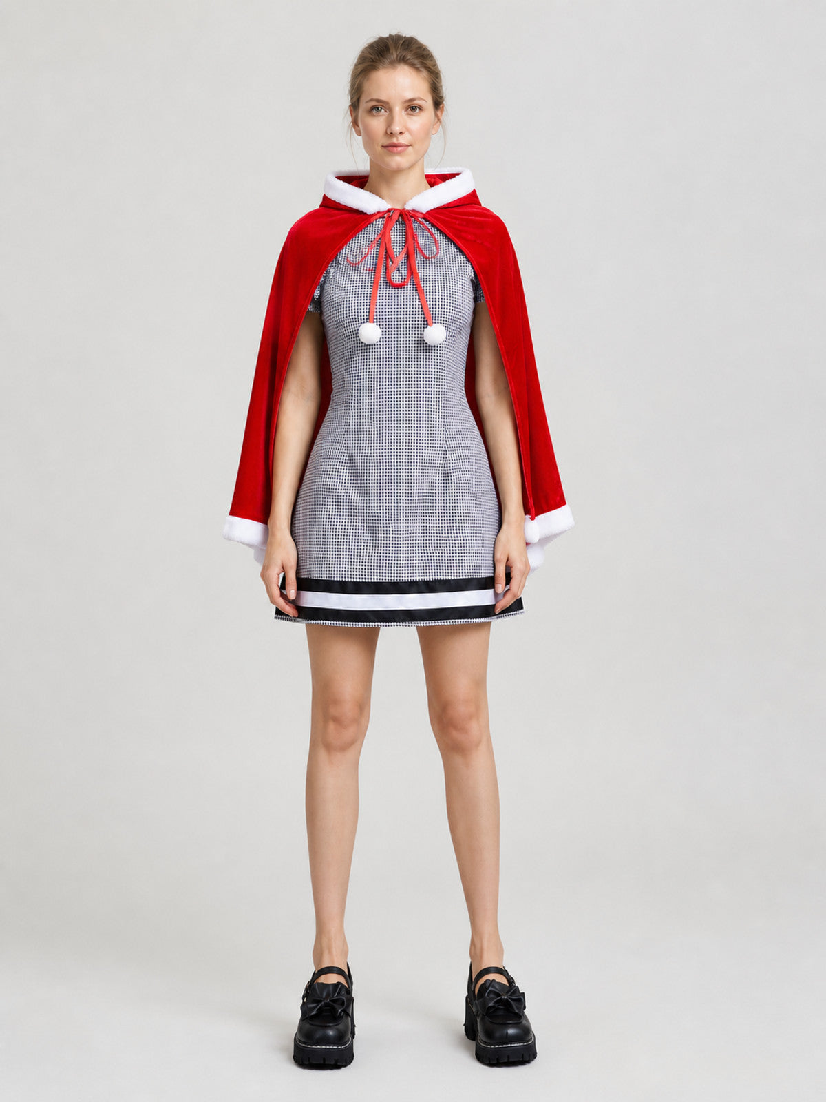 Red Plaid Dress with Hooded Cape