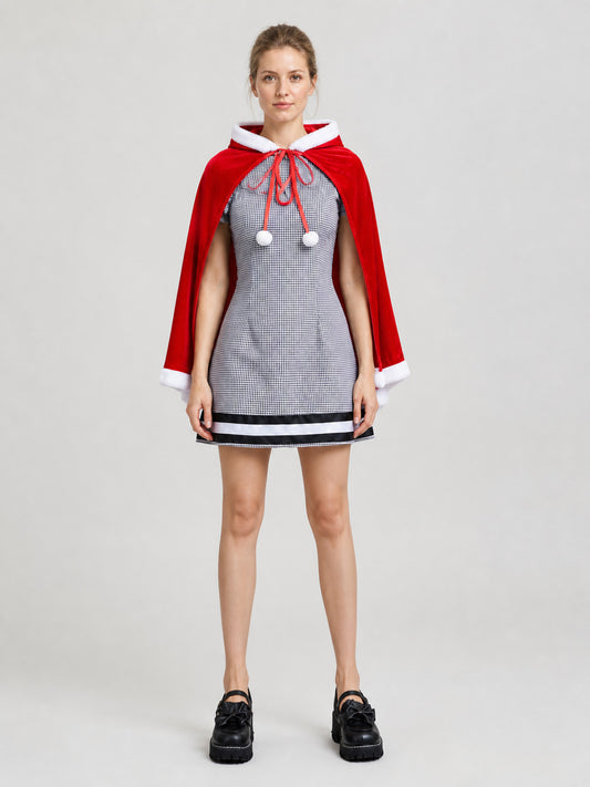 Red Plaid Dress with Hooded Cape on-model view