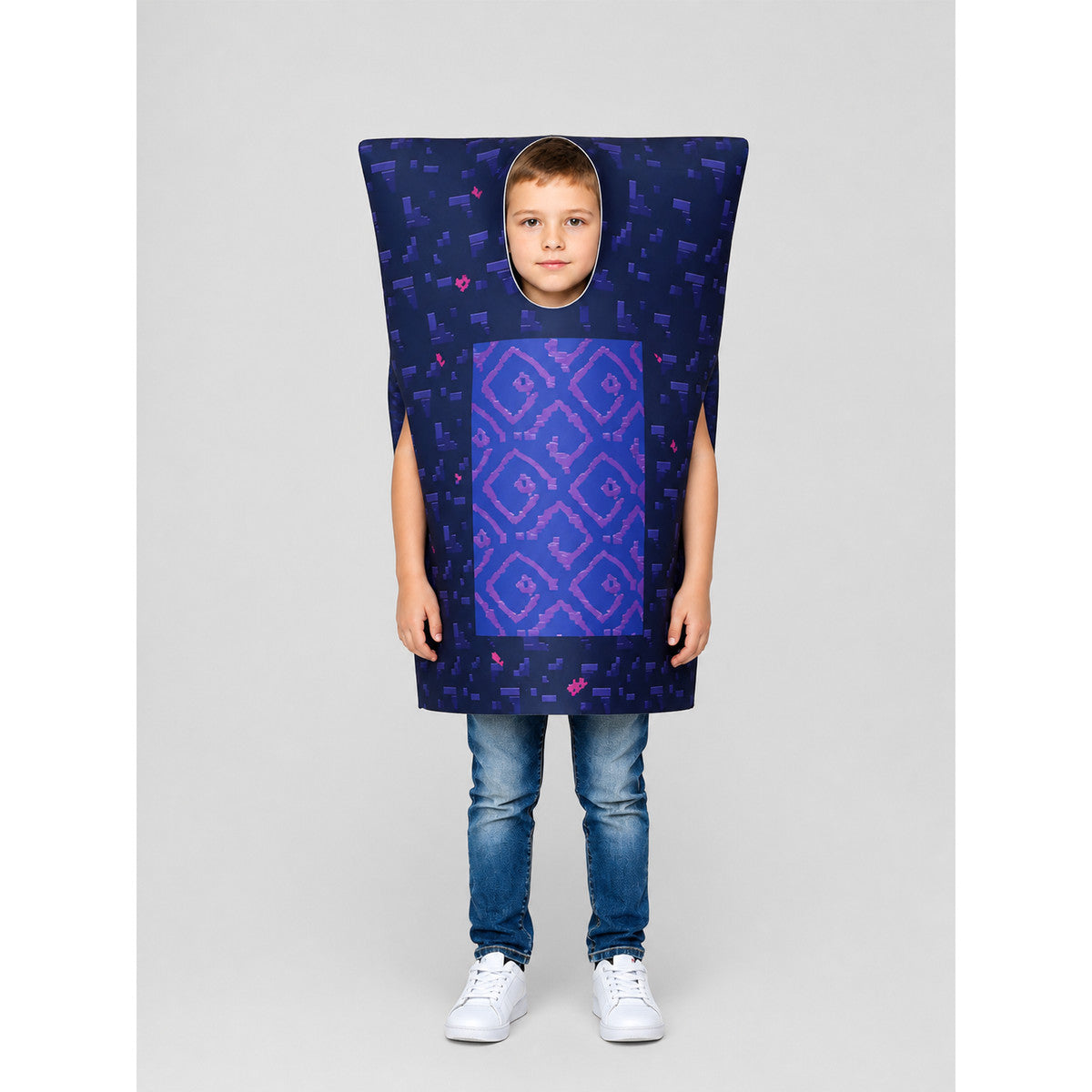 Child wearing the kids' Nether Portal tunic costume: navy pixel-print pull-over with purple portal panel and face opening, front view