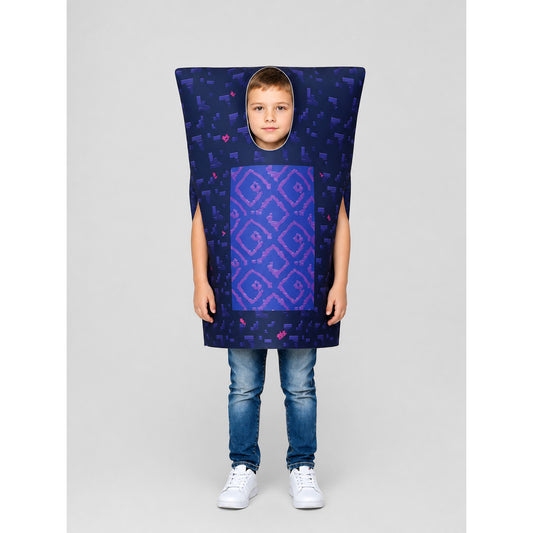 Child wearing the kids' Nether Portal tunic costume: navy pixel-print pull-over with purple portal panel and face opening, front view