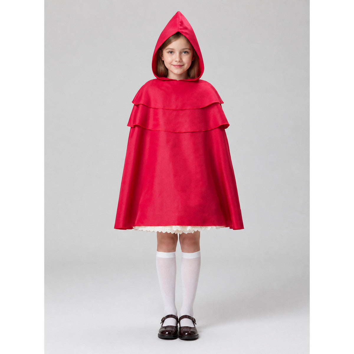 Red Hooded Cape with Three Tiers of Ruffles