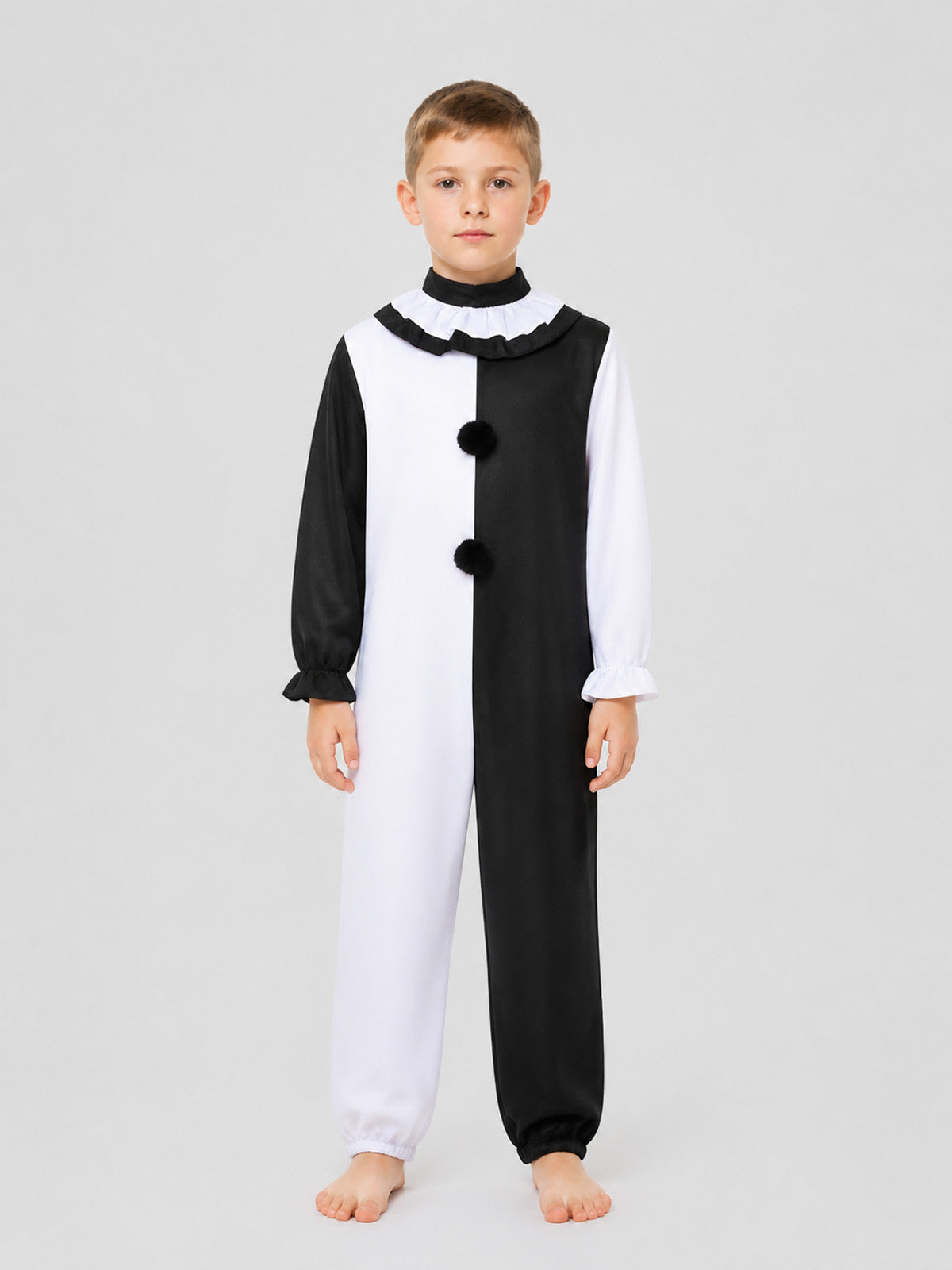 Clown Cosplay Jumpsuit, Black and White with Jabot on-model view