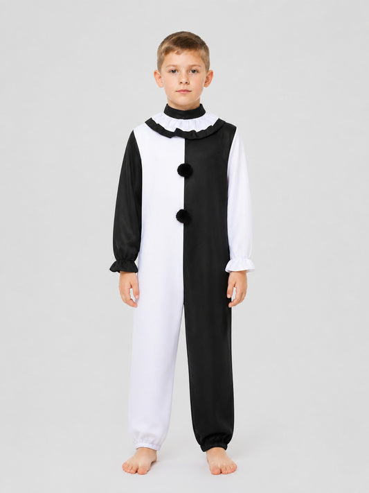 Clown Cosplay Jumpsuit, Black and White with Jabot on-model view