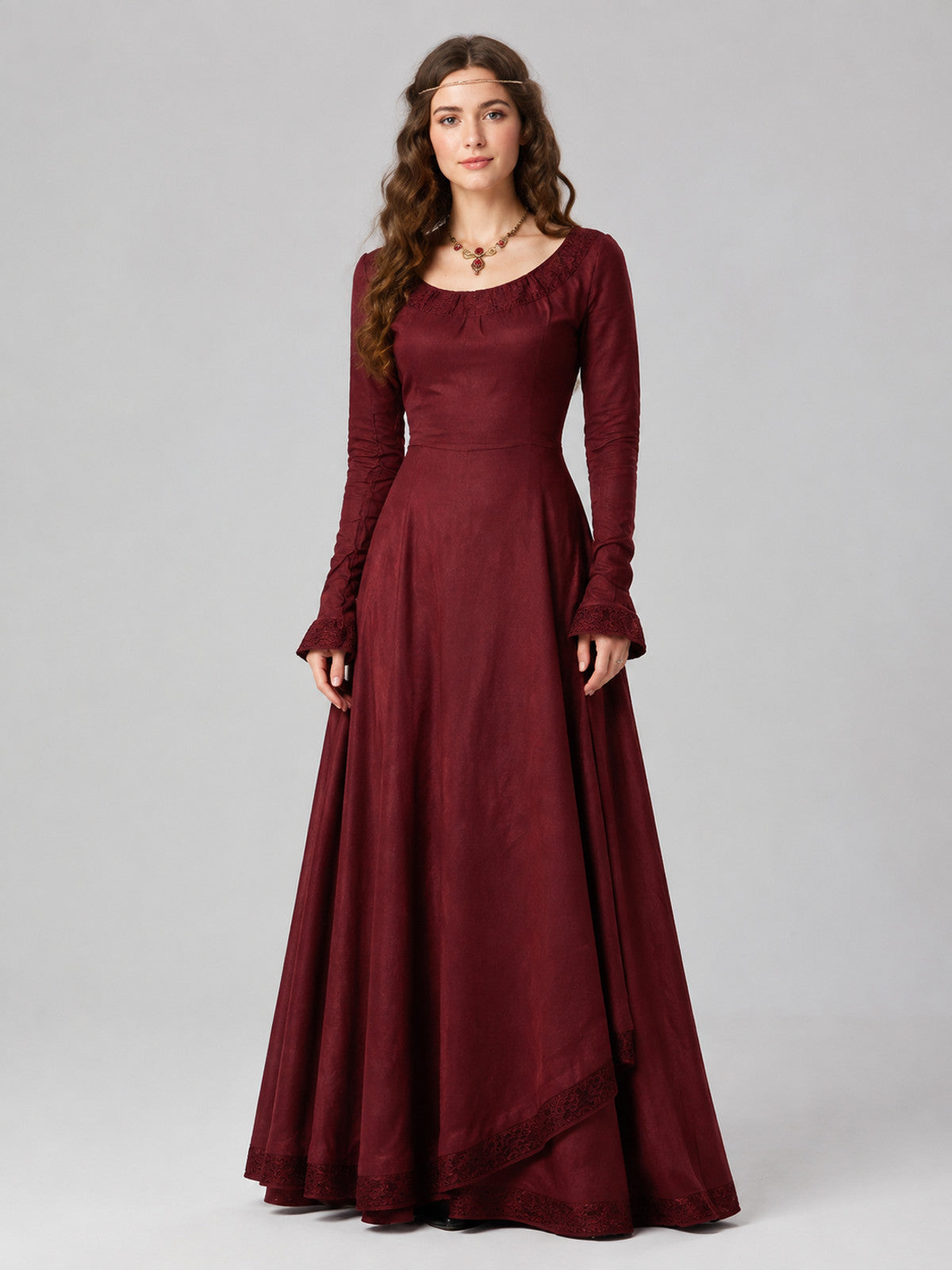 Long Burgundy Dress with a High Waist on-model view