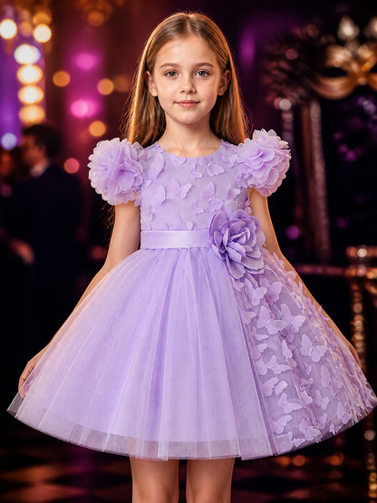 Girls' Light Purple Butterfly Princess Dress, 3D Flower Mesh Tutu Outfit on-model view