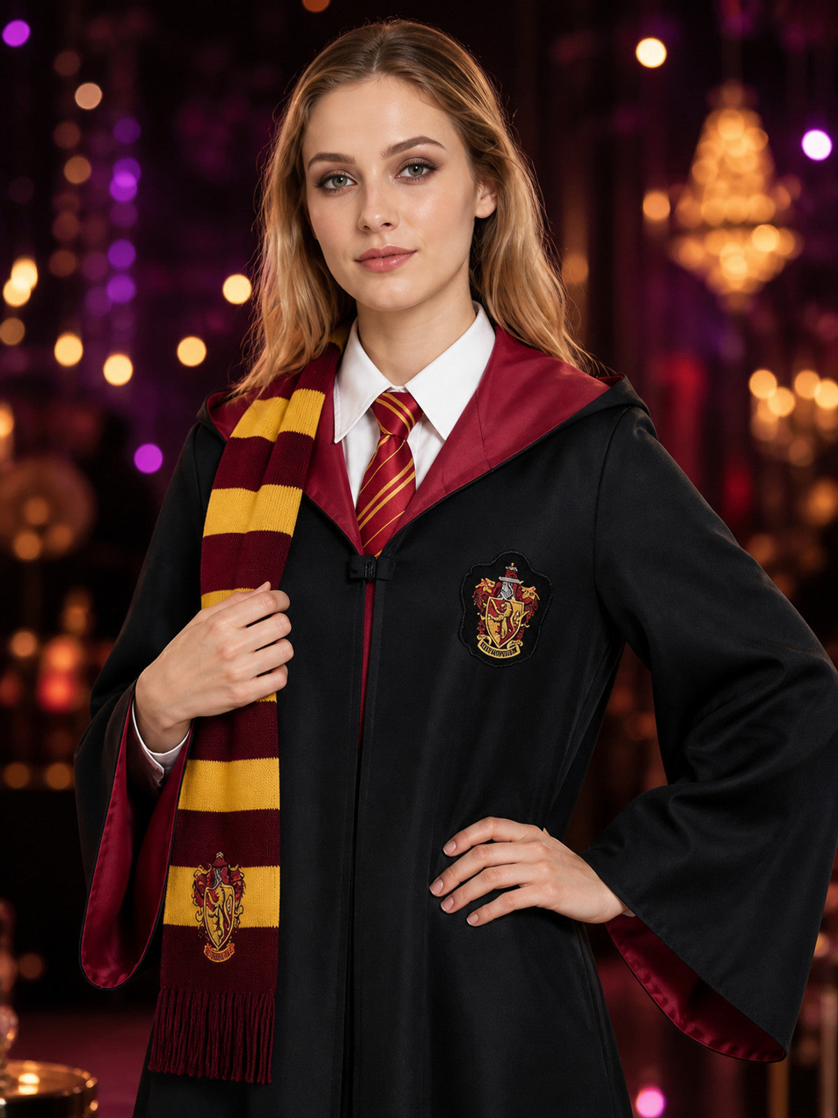 Gryffindor Wizard Robe Costume Set, Hooded Cloak With Tie And Scarf on-model view