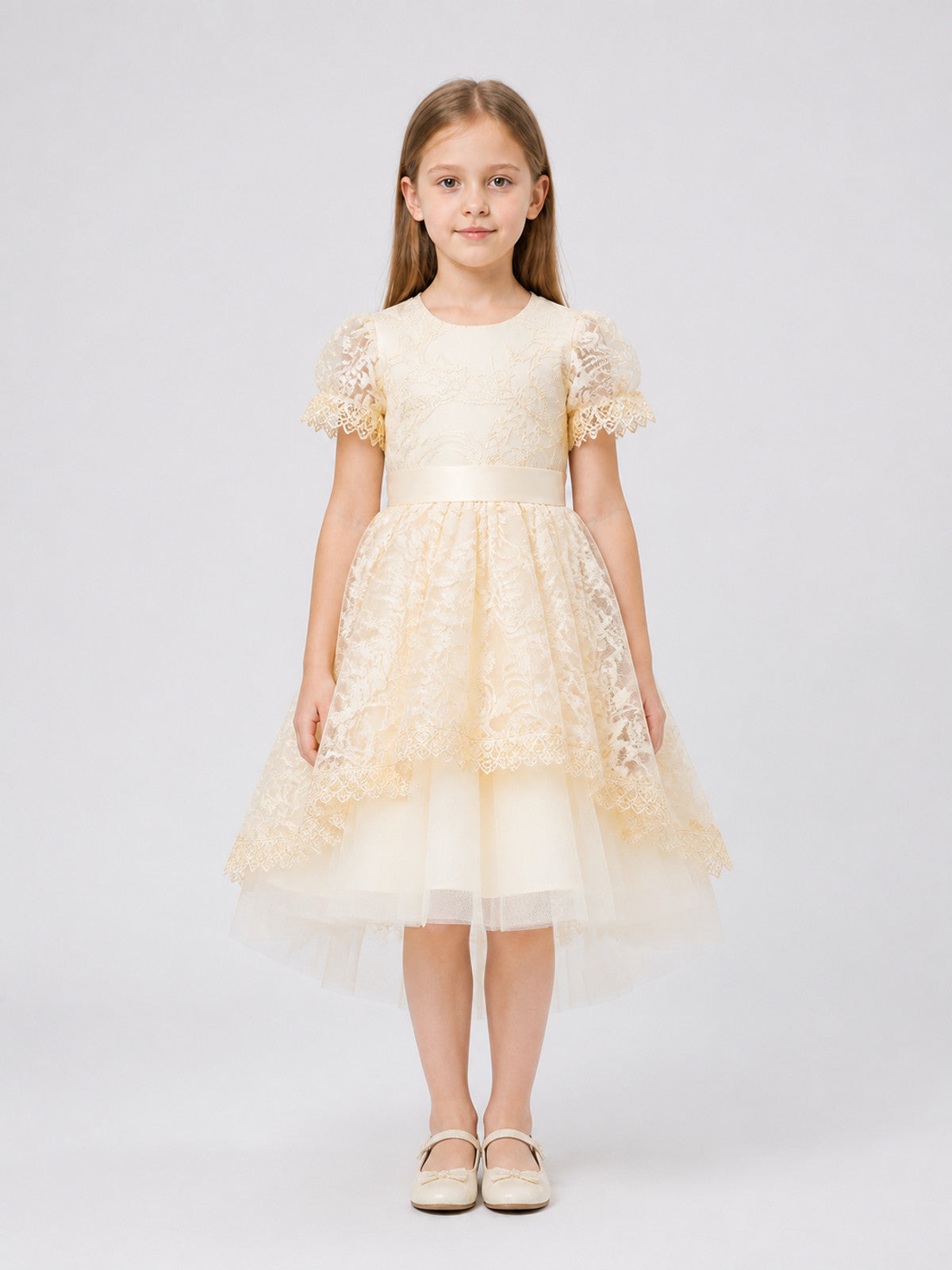 Elegant lace dress with a full skirt and bow on-model view