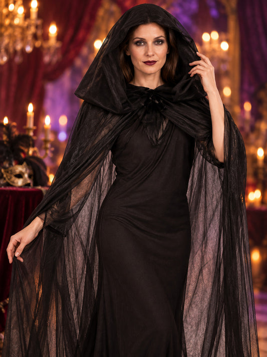 Black Witch Carnival Costume with Hood and Cape