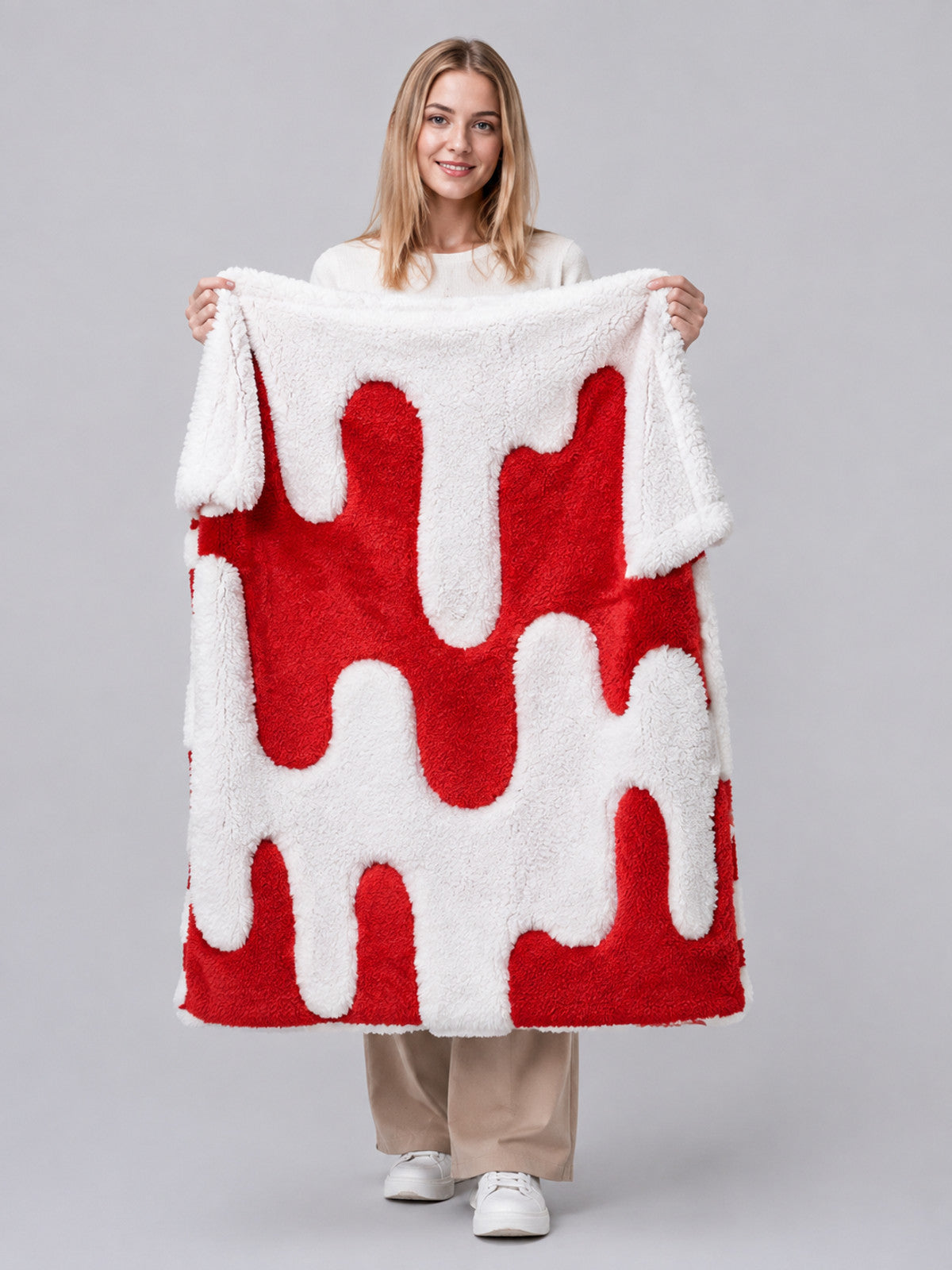 Reversible Red and White Pet Blanket on-model view