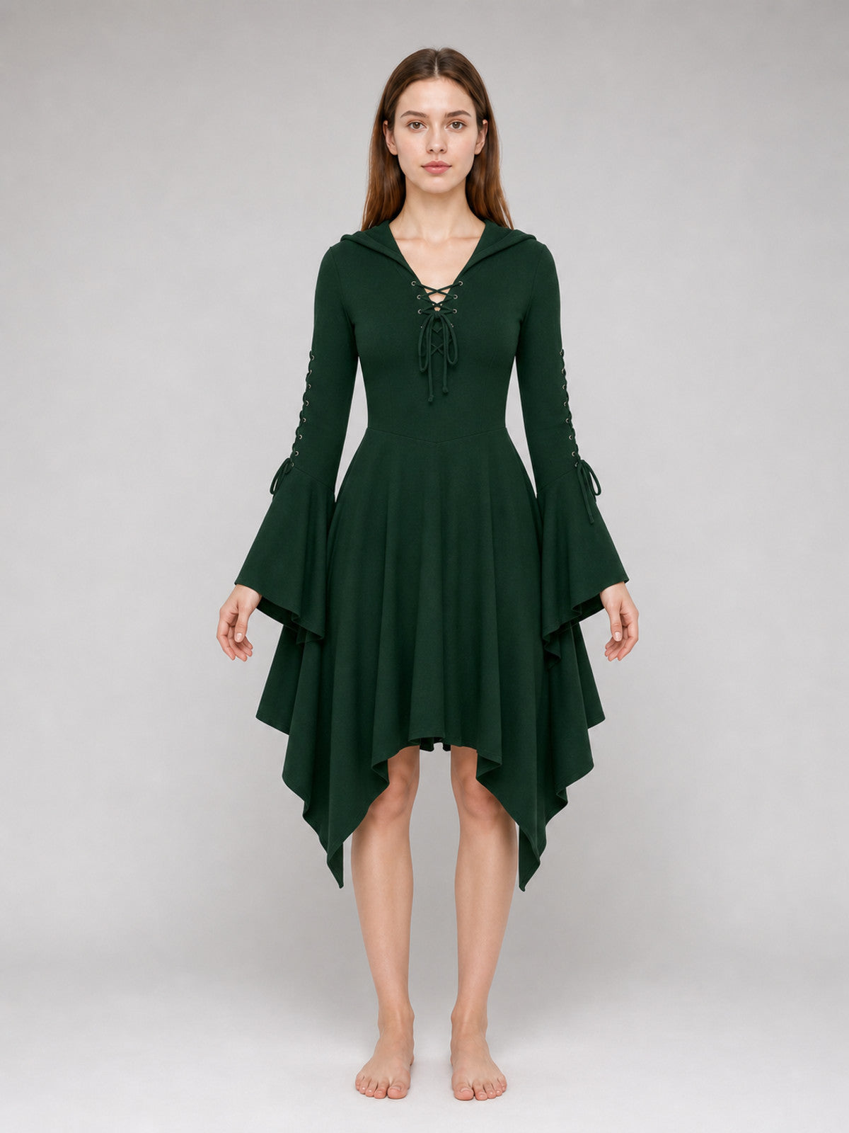 Gothic Hooded Dress with an Asymmetrical Hem front view