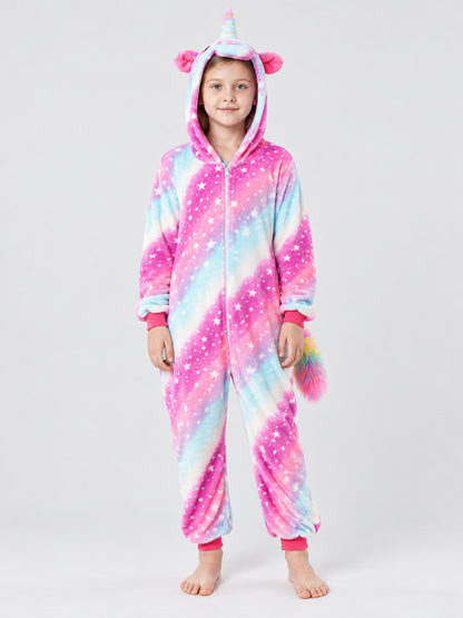 Hooded Pajama Jumpsuit with Ears and Star Print