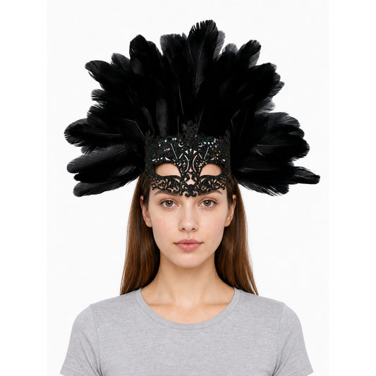 Masquerade Mask with Black Feathers and Glitter