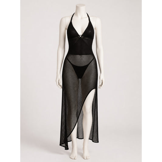 Stylish Black V-Neck Slip Dress with Asymmetric Hem, Sheer Overlay, High Slit