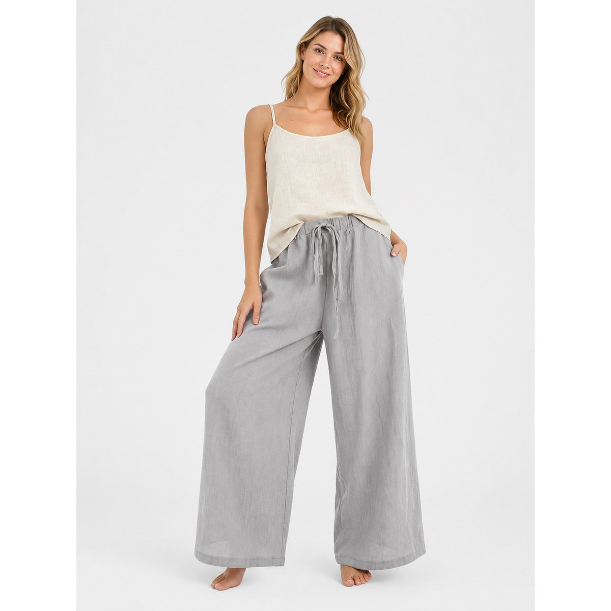 Women's High-Waisted Wide-Leg Pants with Drawstring