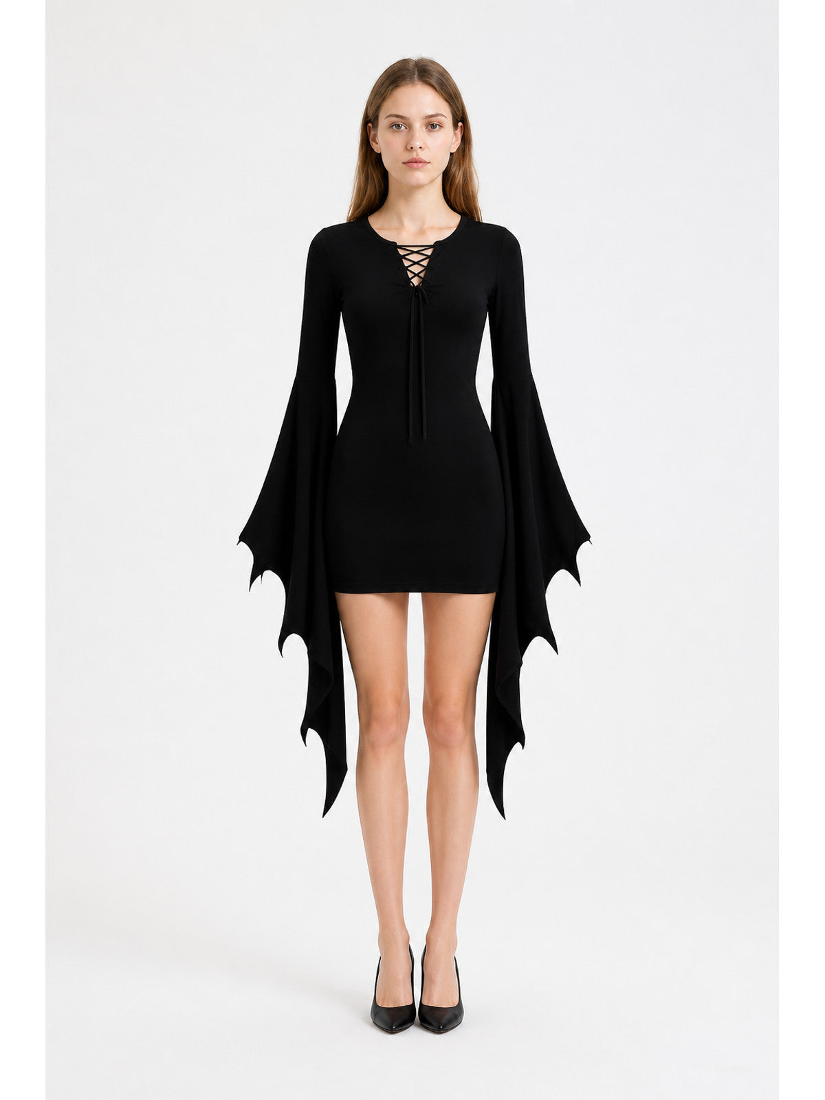 Short black dress with ties and batwing sleeves main product view
