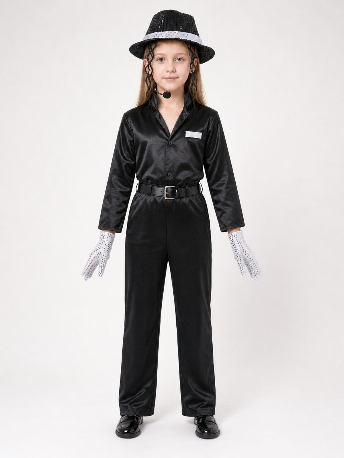 Black satin-look costume outfit on a child model, with a sequin fedora, white patterned gloves, belt, and black trousers