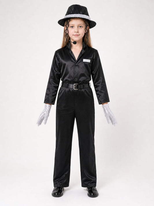 Black satin-look costume outfit on a child model, with a sequin fedora, white patterned gloves, belt, and black trousers
