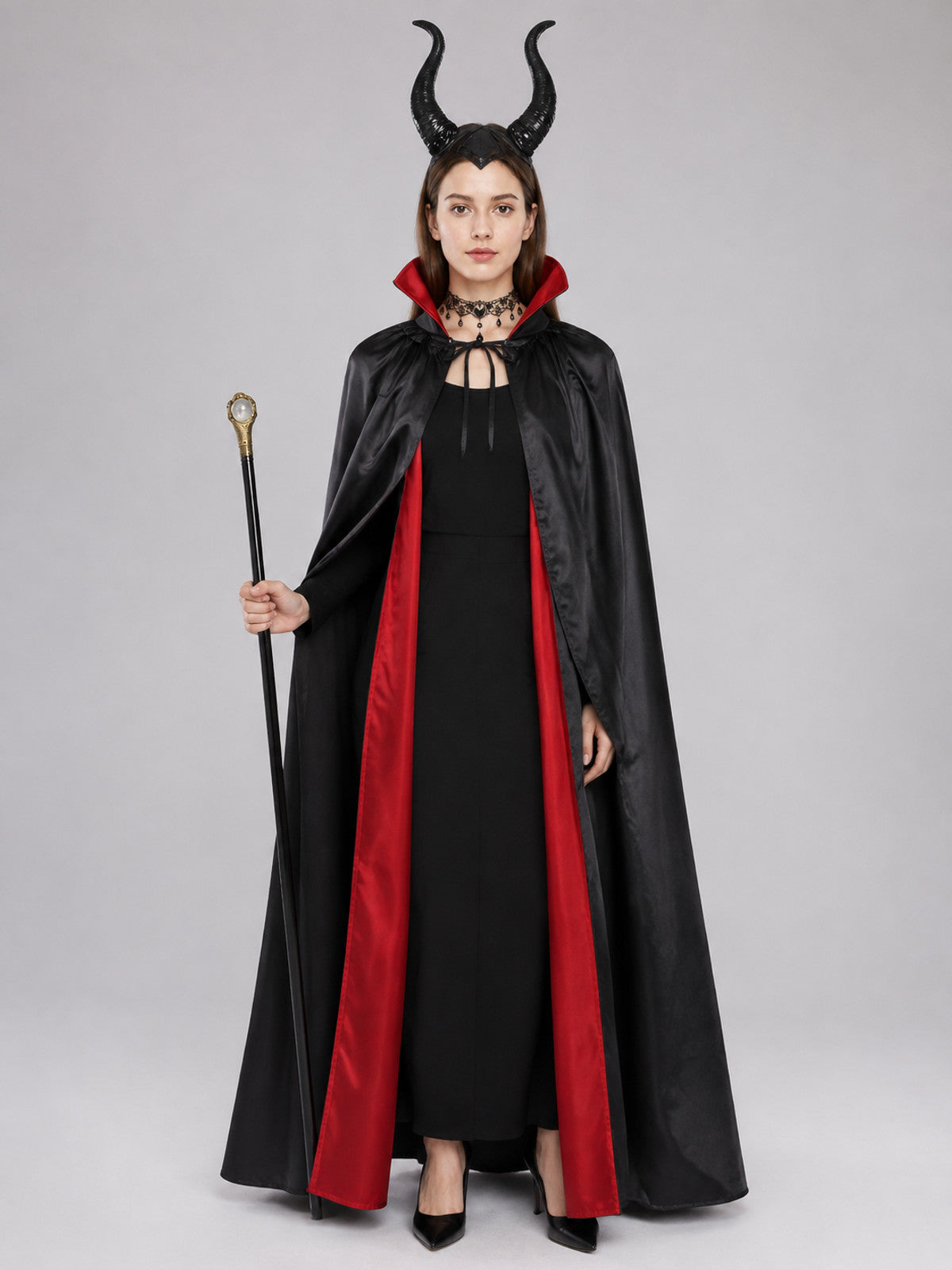 Carnival Costume with Black Cape, Horns, and Staff on-model view