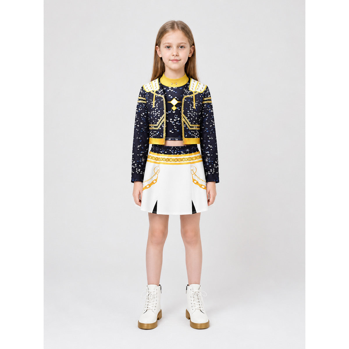 Children's skirt and jacket costume with gold trim on-model view