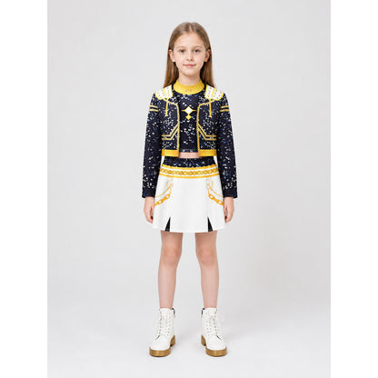 Children's skirt and jacket costume with gold trim on-model view