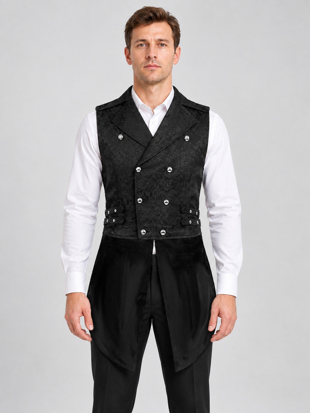 Black double-breasted sleeveless vest with jacquard pattern
