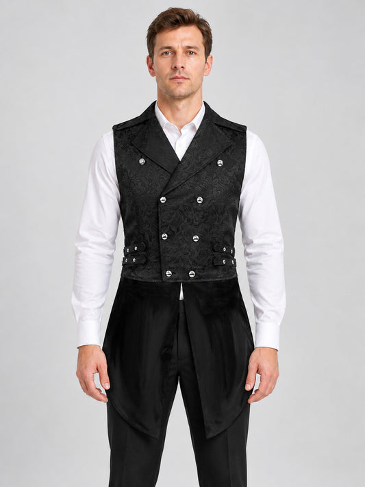 Black double-breasted sleeveless vest with jacquard pattern