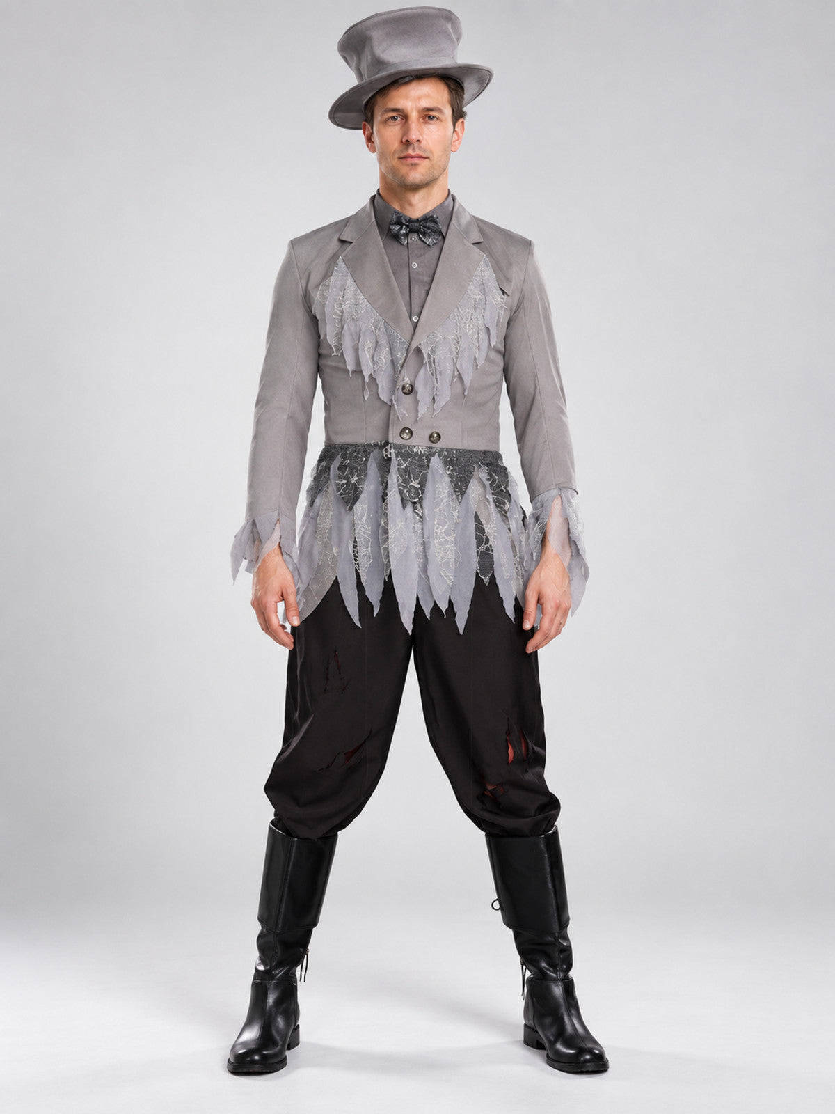 Vampire carnival costume with gray hat and bow tie