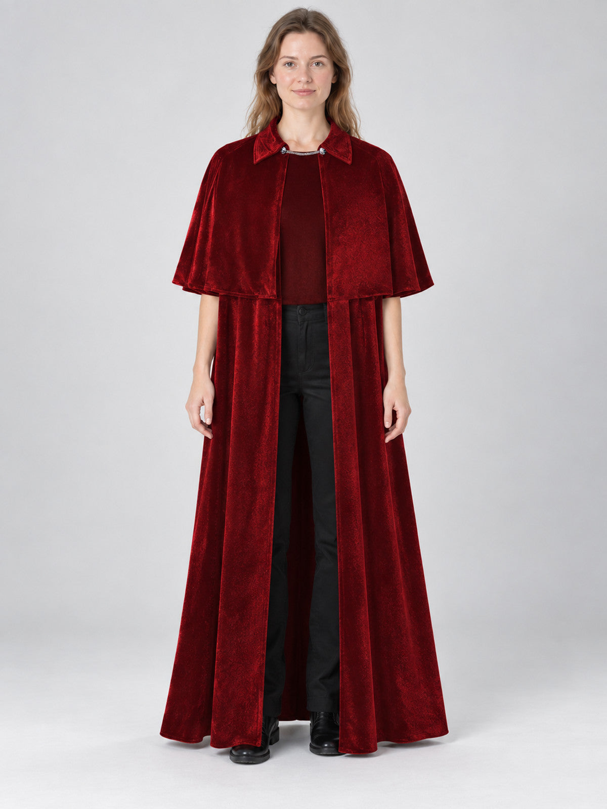 Burgundy Velvet Cloak with Capelet and Chain