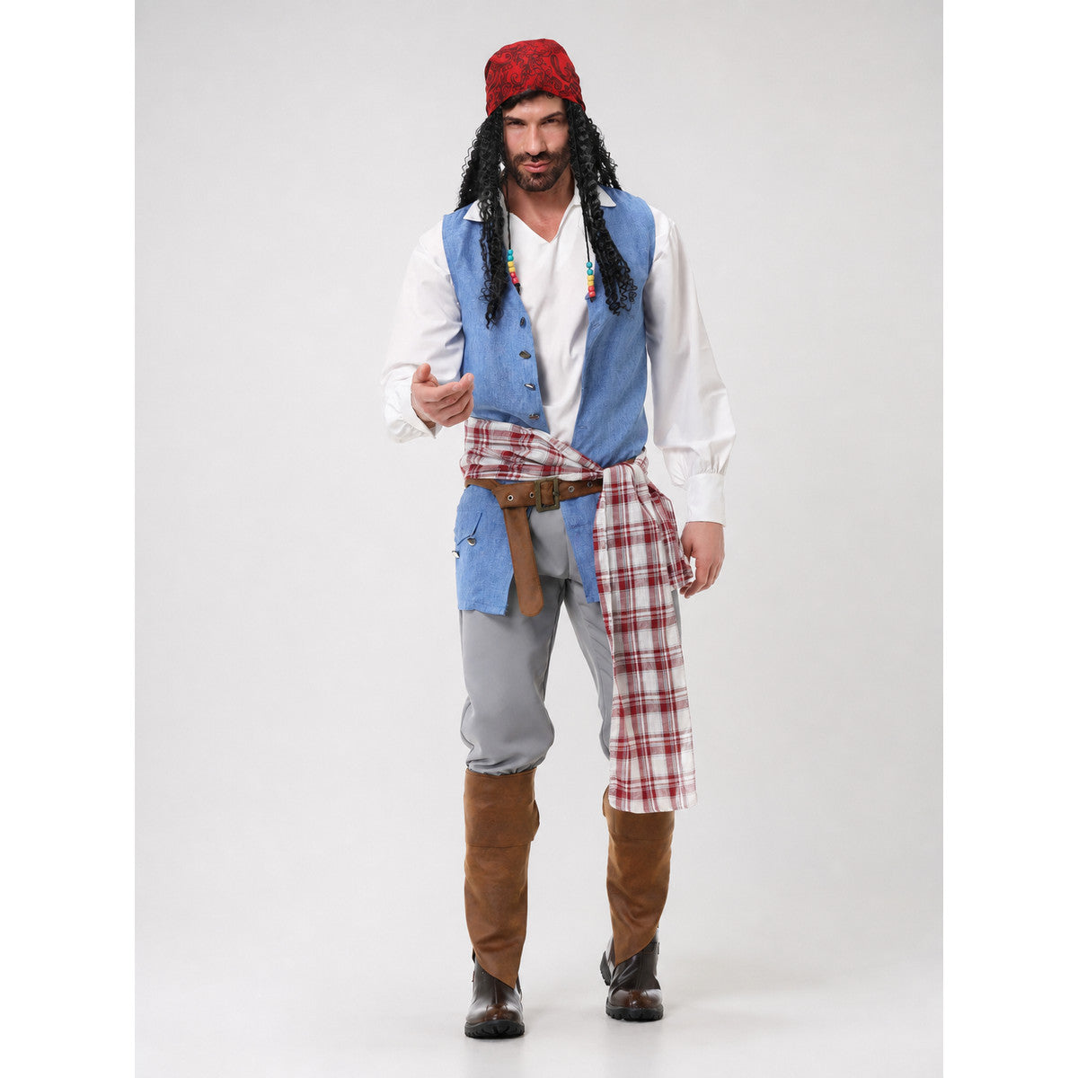Pirate costume — a layered outfit with a medieval Caribbean theme for Halloween, themed parties, cosplay, and stage performances. The design combines brown, gray, white, red, blue, and black colors. The outfit is centered around a blue vest