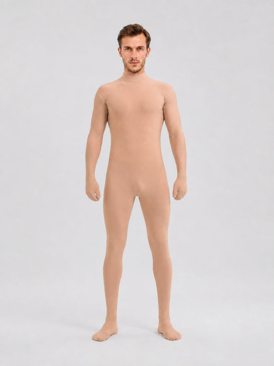 Front view of a model wearing the skin-tone full-body zentai jumpsuit with attached hand and foot covers