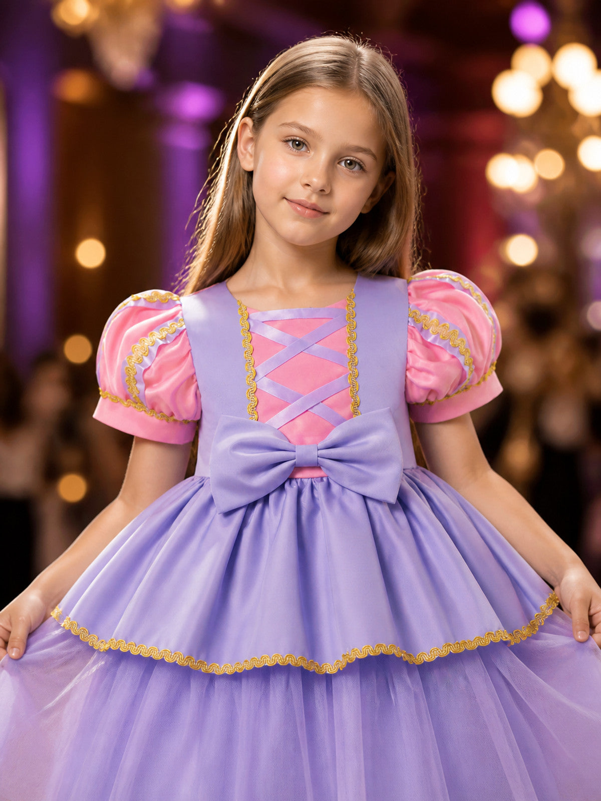 Toddler Girls' Purple Princess Dress Costume With Puff Sleeves and Layered Tulle on-model view