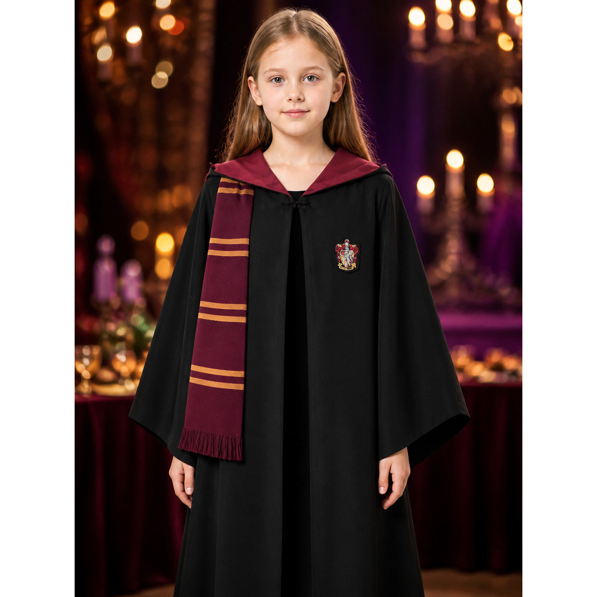 Kids Wizard Robe Costume Set with Striped Scarf, Black, Red and Gold on-model view
