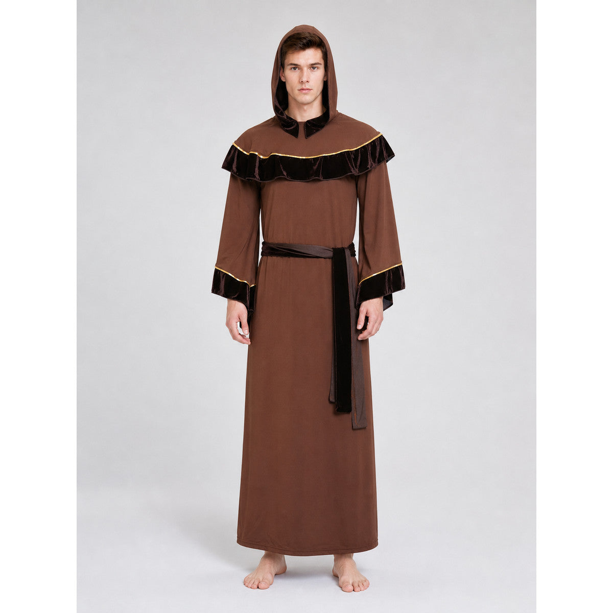 Wizard robe costume with hood and belt on-model view