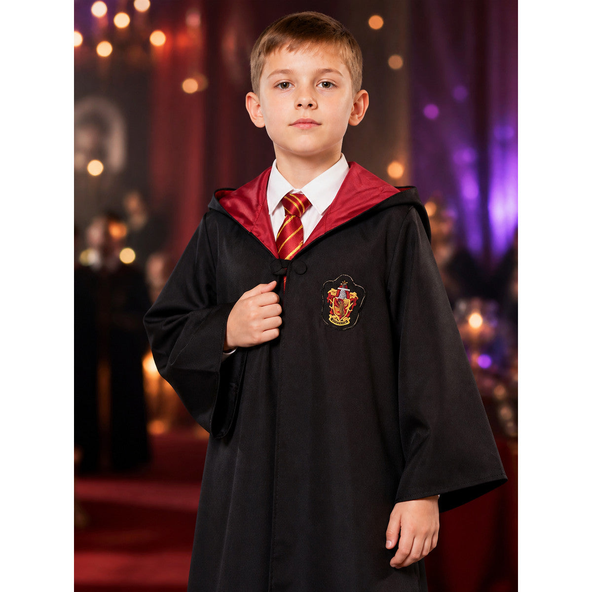 Children's Hooded Wizard Robe Costume Set With Tie and School Crest on-model view