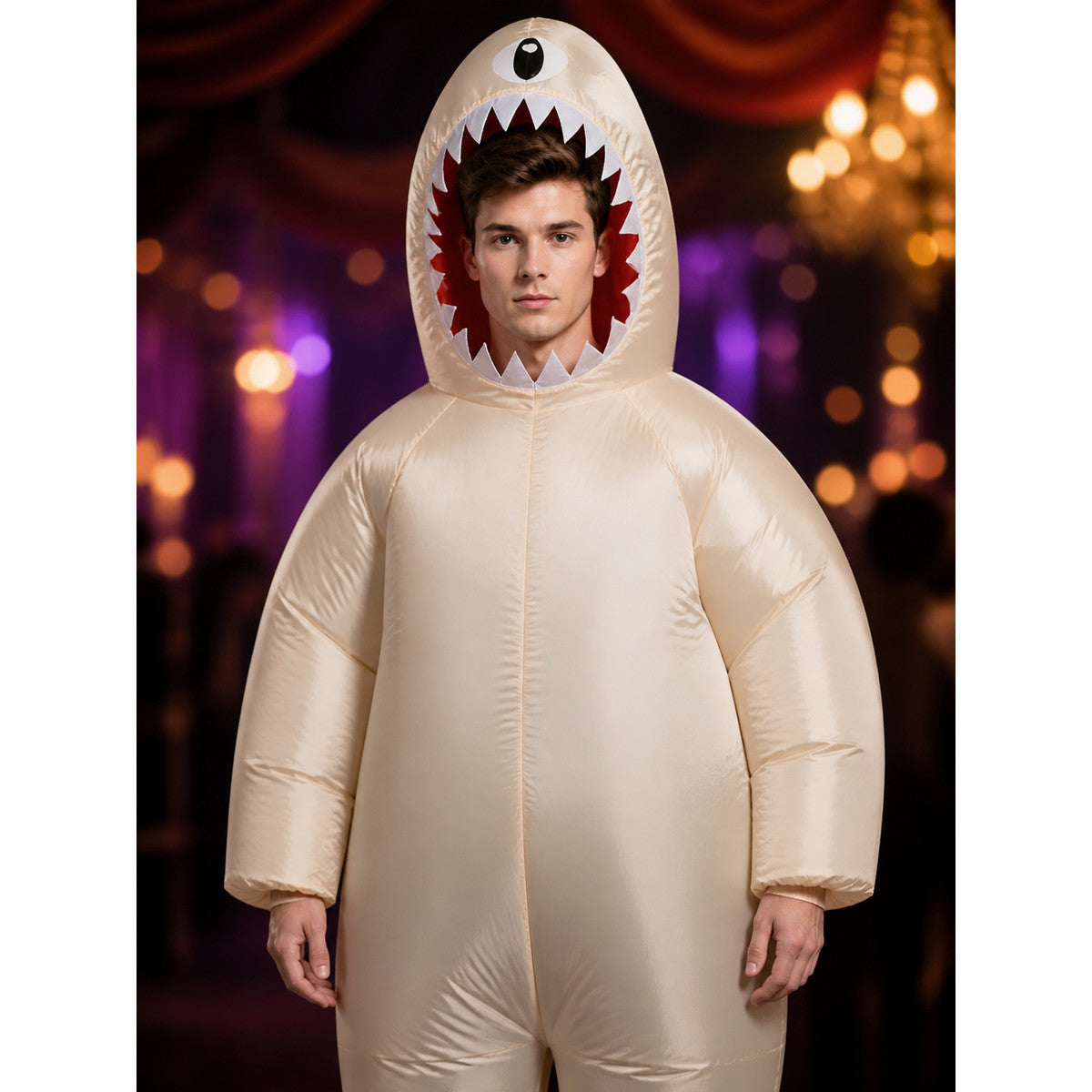 Unisex White Shark Mouth Animal Onesie Costume for Halloween Party on-model view