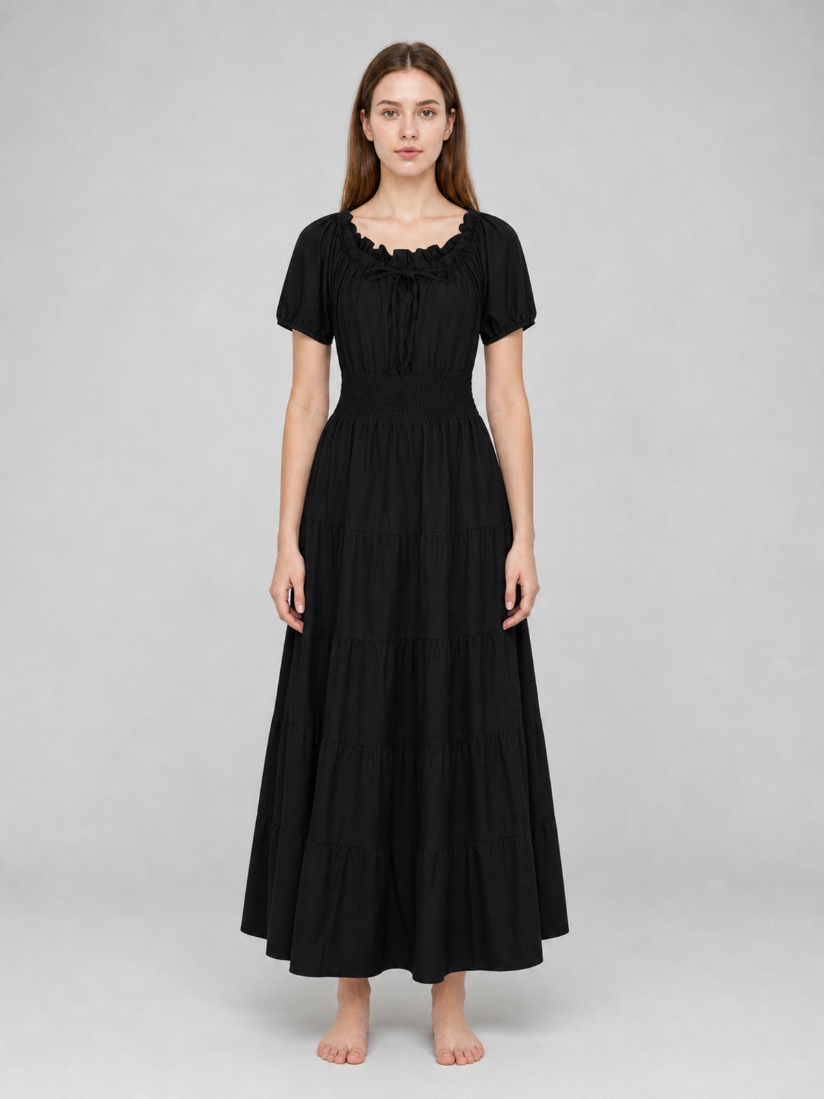 Black Tiered Maxi Dress with Ruching front view