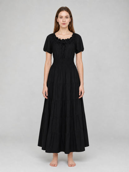 Black Tiered Maxi Dress with Ruching front view