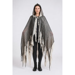 Tattered Black-and-White Hooded Cloak for Halloween