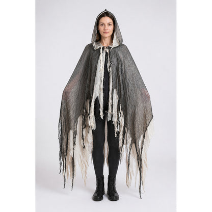 Tattered Black-and-White Hooded Cloak for Halloween main product view