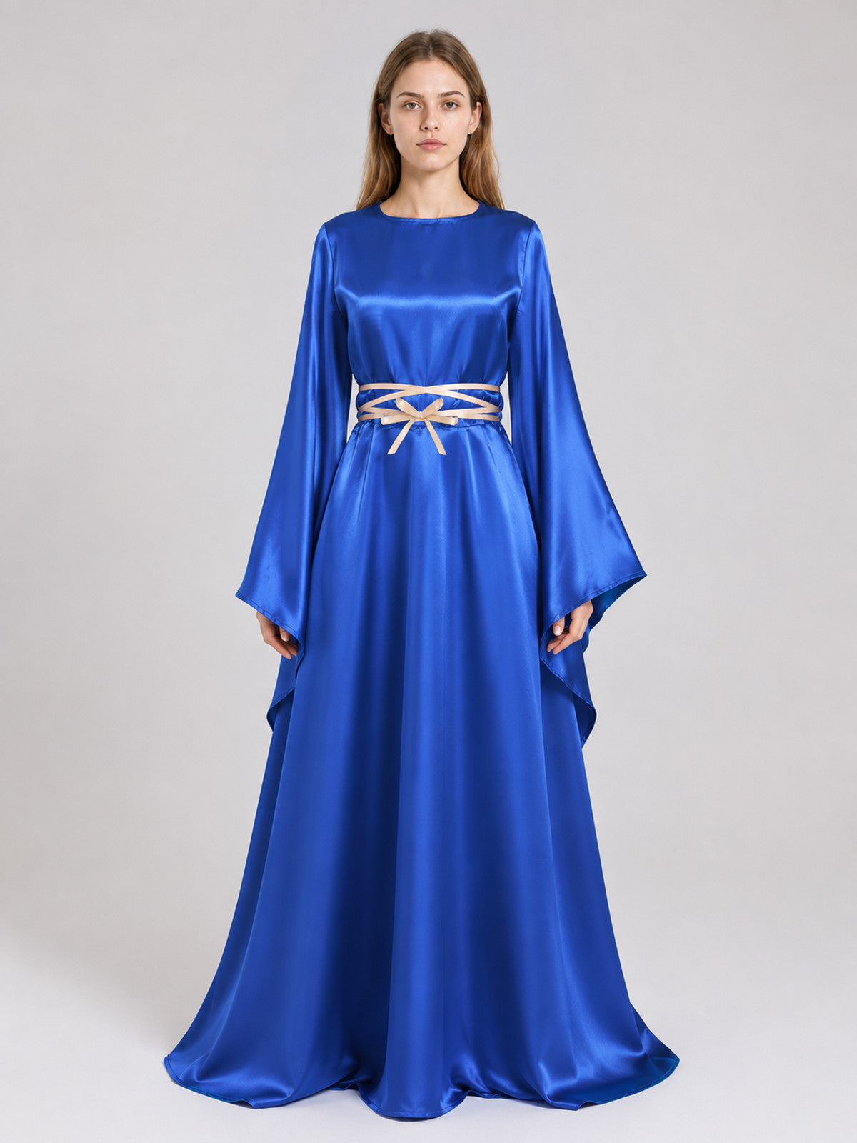 Blue Floor-Length Carnival Dress with Satin Sheen on-model view