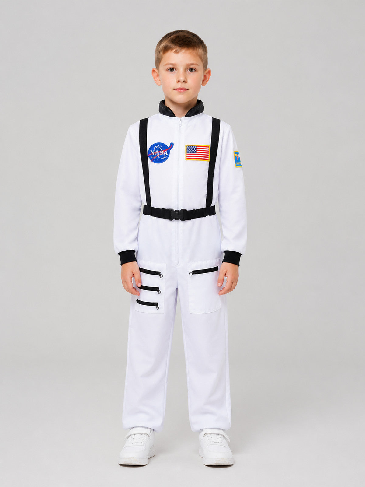 White Children's Astronaut Jumpsuit for Cosplay on-model view