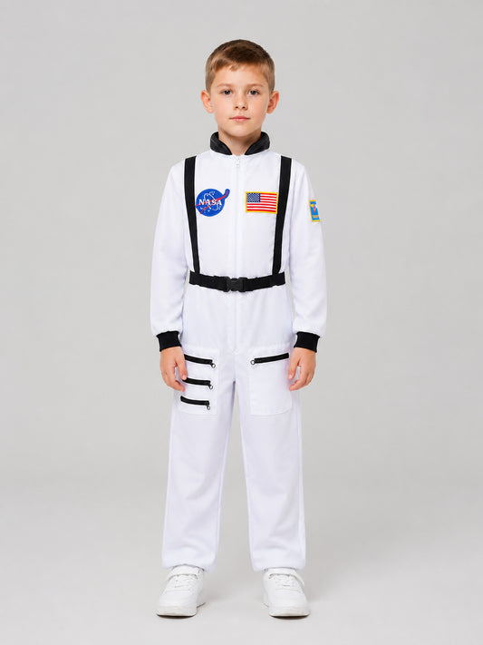 White Children's Astronaut Jumpsuit for Cosplay on-model view