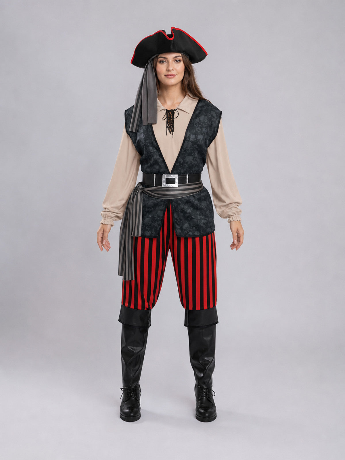 Pirate Costume with Vest, Hat, and Belt front view