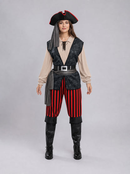 Pirate Costume with Vest, Hat, and Belt front view
